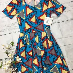 LuLaRoe Amelia Dress Geometric Print Bright Blue Yellow Red Gray NWT XXS 80s